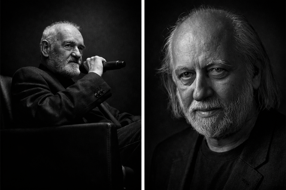 A la izquierda, el director de cine Béla Tarr durante una masterclass en el MFDF Jihlava, 2023. Fotografía: Pavel Bednařík. A la derecha, el escritor László Krasznahorkai. Fotografía: Miklós Déri