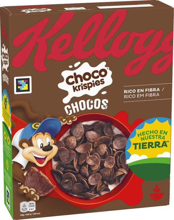 Caja de Choco Krispies Chocos con dos sellos simulados de advertencia: «Alto en azúcares» y «Alto en calorías»