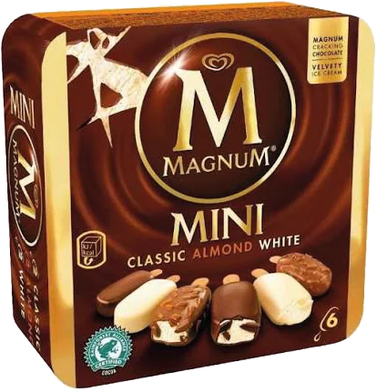 Caja de Magnum Mini con tres sellos simulados de advertencia: «Alto en azúcares», «Alto en calorías» y «Alto en grasas saturadas»